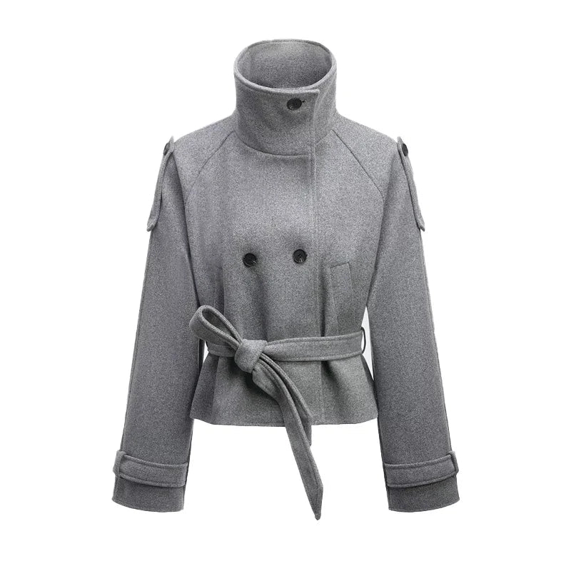 SOERA Debbie Stand Collar Short Trench Coat - Jackets - 1005010585967410-;bg1773321574175519045 Gray S