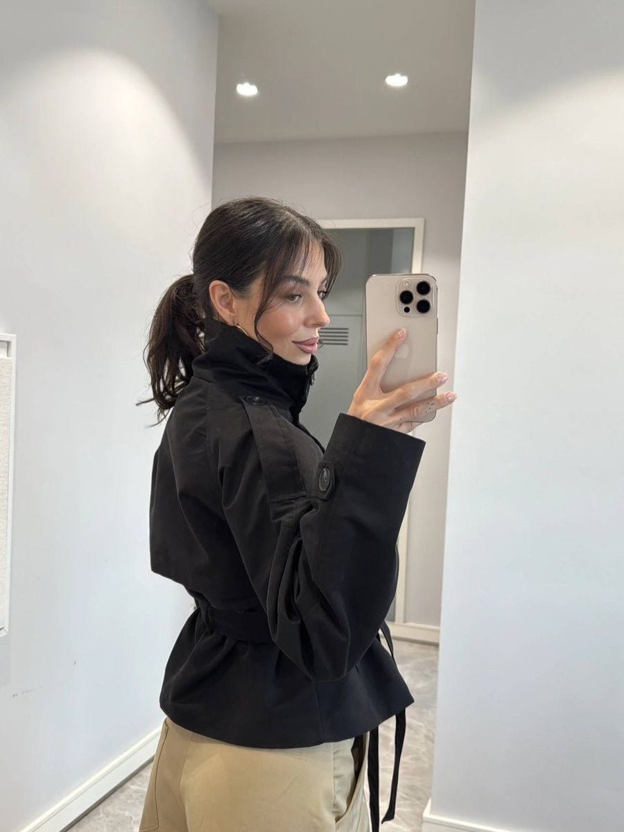 SOERA Kara Stand Collar Crop Trenchcoat - Jackets - 1005009693239722-;PS1771494648622713554 Black L