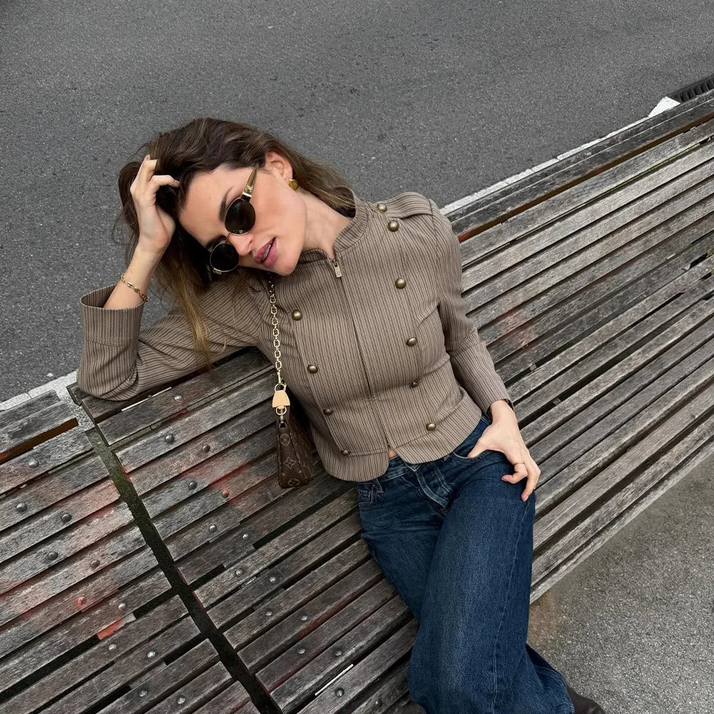 SOERA Mara Striped Zip - Up Blazer - Jackets - Brown S