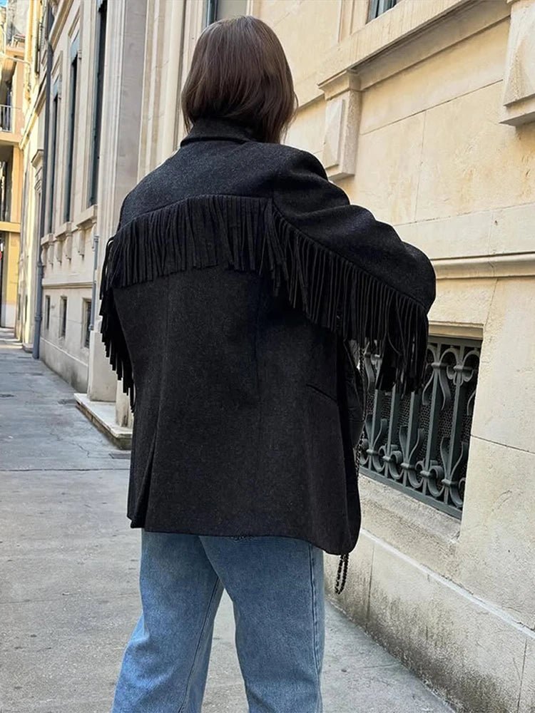 SOERA Marcelle Fringed Blazer Jacket - Jackets - 1005010340456789-;YZ1770053333910899062 Black L