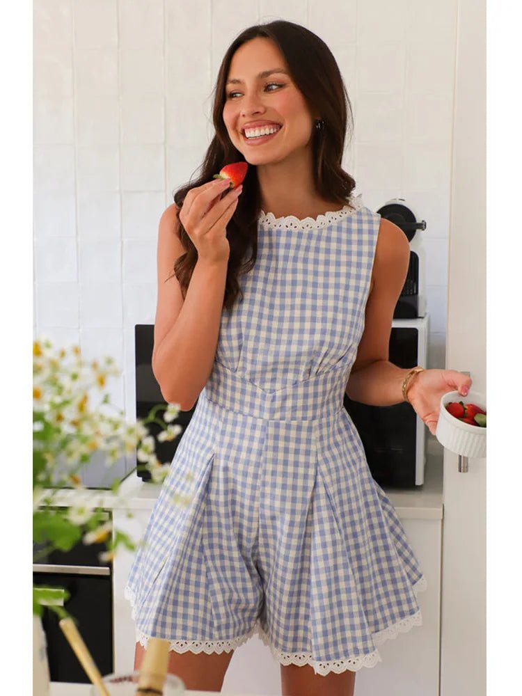 SOERA Angelina Plaid Sleeveless Wide Leg Romper - Jumpsuit - Light Blue M
