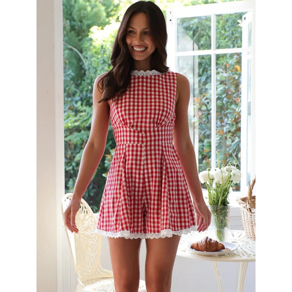 SOERA Angelina Plaid Sleeveless Wide Leg Romper - Jumpsuit - Red S