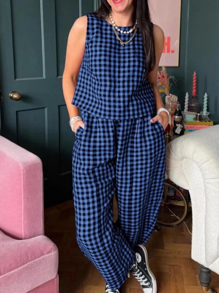 SOERA Zara Plaid Sleeveless Vest Nine Point Pants Set - Jumpsuit - Blue S