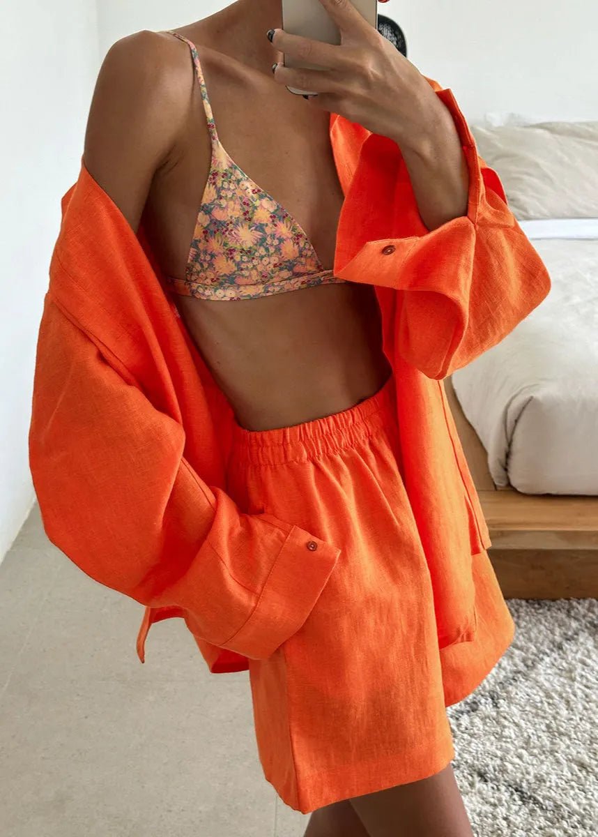 SOERA Camille White Linen Shirt and Shorts Set - Matching Sets - Orange Set M