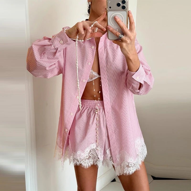 SOERA Celeste Lace Patchwork Beach Shirt Set - Matching Sets - Blue S