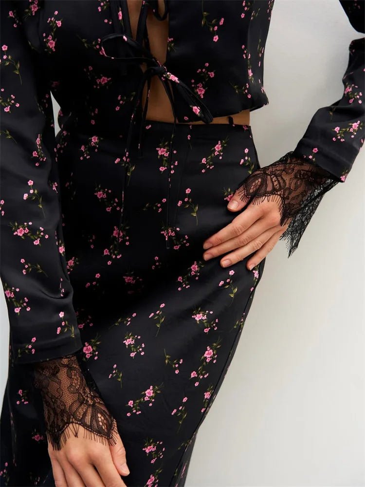 SOERA Celeste Lace Trim Floral Hollow Out Top and Maxi Skirt Set - Matching Sets - XS