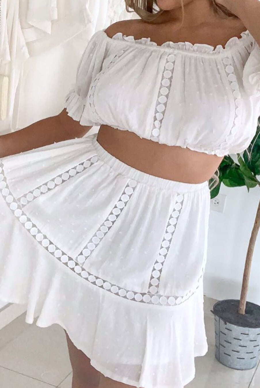 SOERA Connie Swiss Dot Ruffled Crop Top Skirt Set - Matching Sets - 1005008886382360-;QW1776154513860192734 M