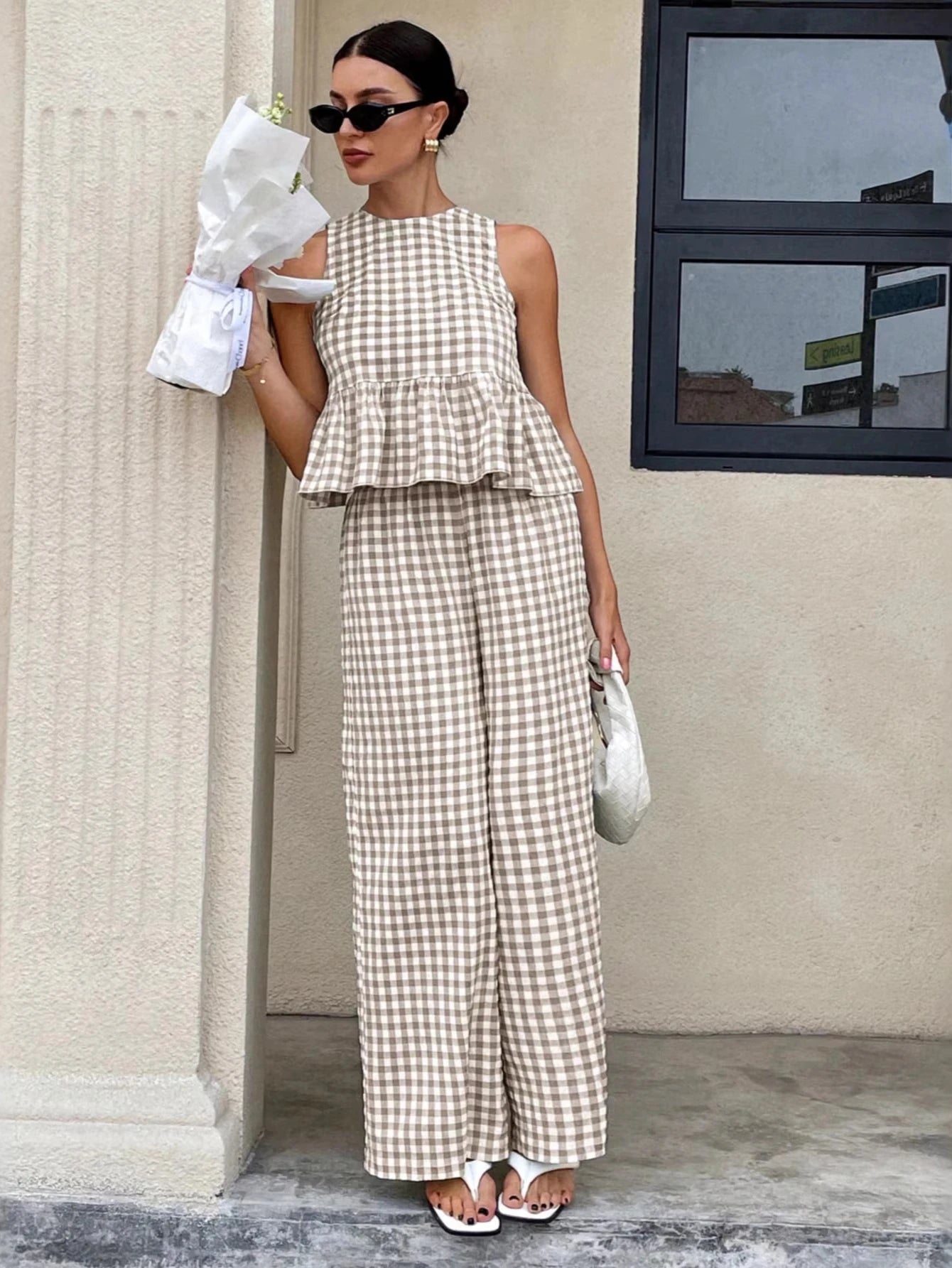 SOERA Mei Lattice Ruffled Two - Piece Set - Matching Sets - Brown S