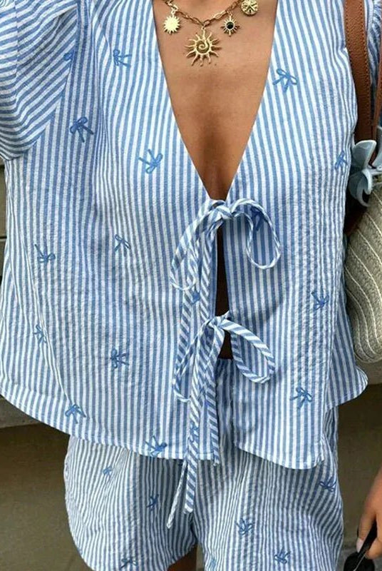 SOERA Sienna Striped Tie - front Two - Piece Short Set - Matching Sets - Blue Set M