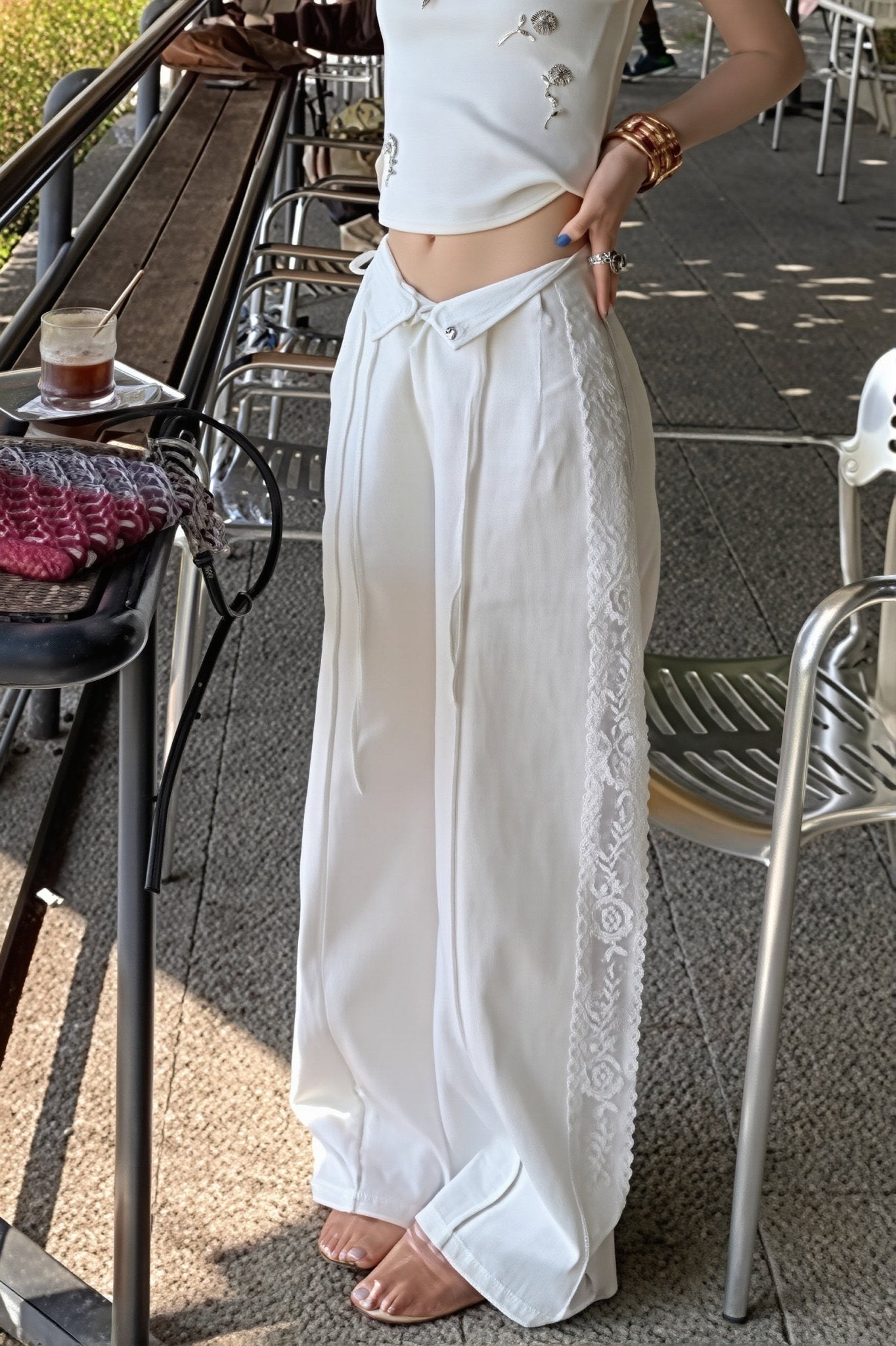 SOERA Beatrice Linen Lace Splicing Straight Pants - Pants - White M