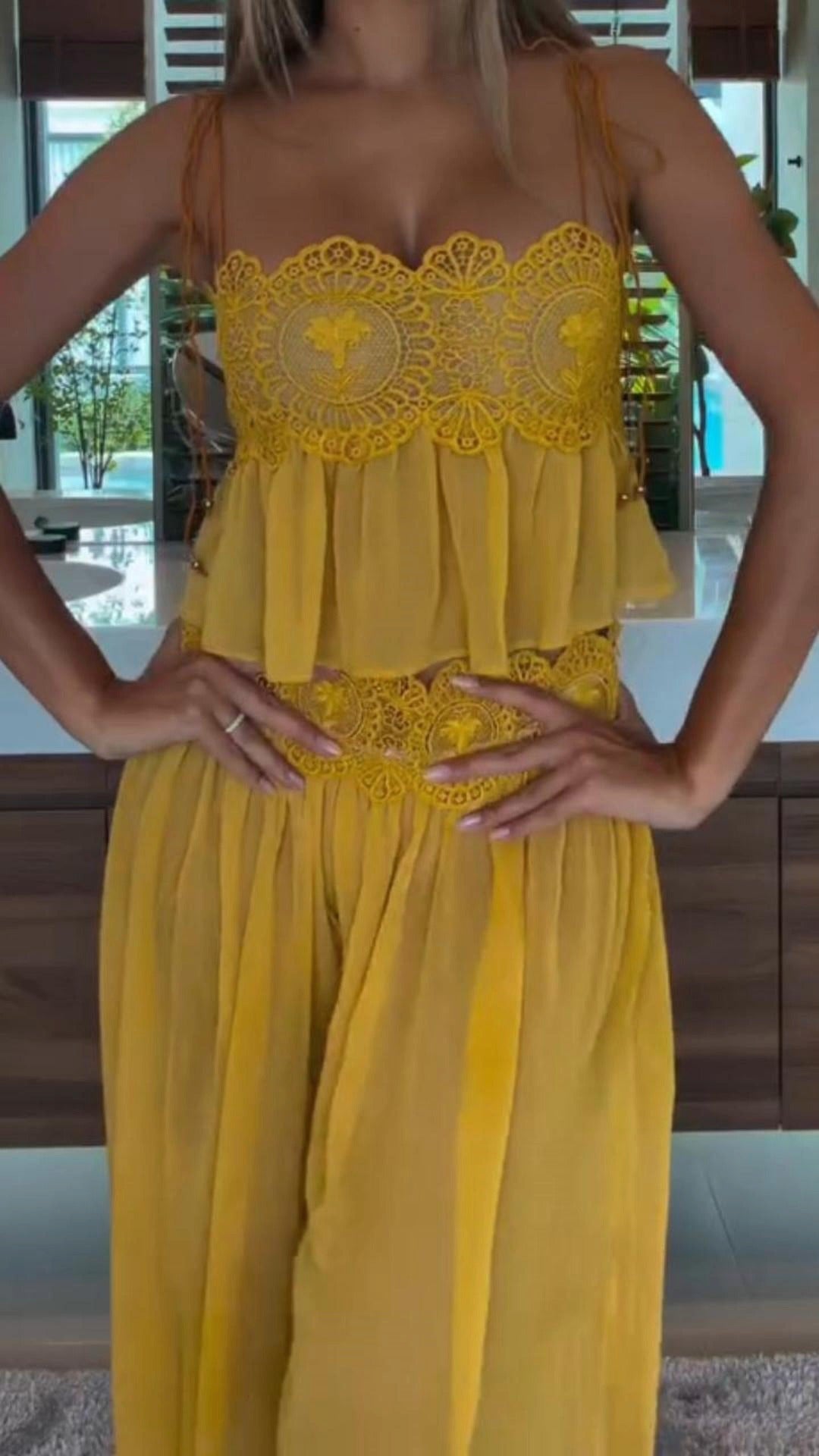 SOERA Sophia Lace Chiffon Pant Set - Pants Set - SOERA-664707-M-YELLOW-49283 Yellow M