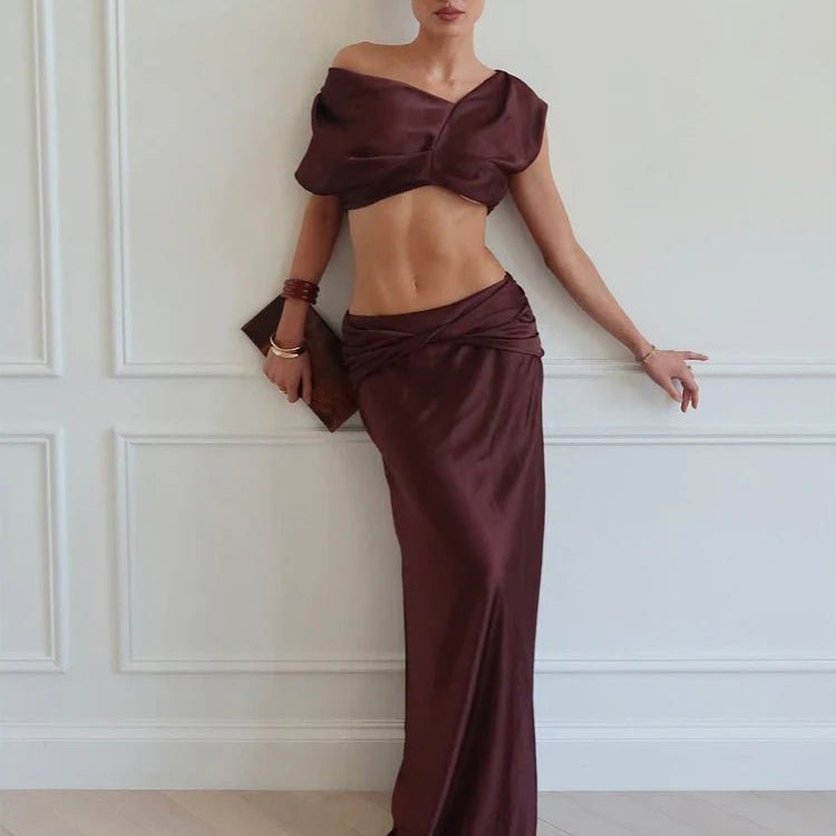 SOERA Arlette Satin Pleated Crop Top & Skirt Set - Set - Brown XS