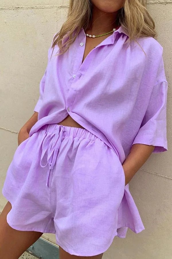 SOERA Erica Button - Down Blouse & Shorts Set - Set - 1005009100613909-;bQ1776125342985538850 Blue M