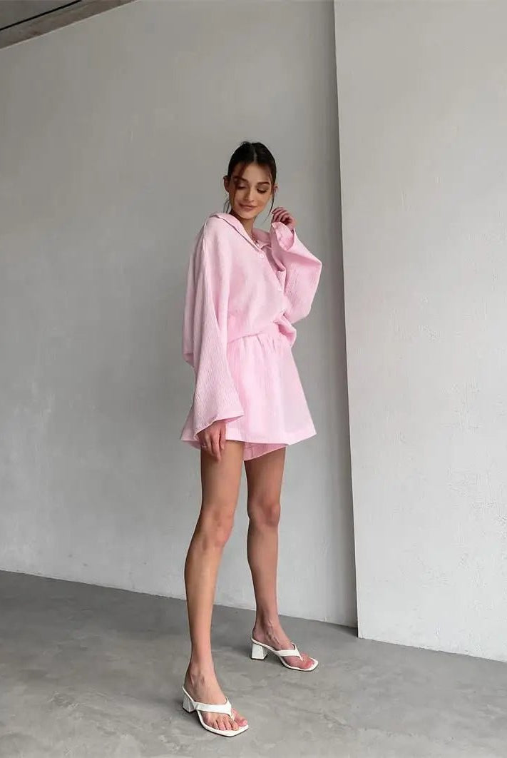 SOERA Jenna Loose Long Sleeve & Shorts Set - Set - 1005005373930355-;OX1776125344191866496 Pink M