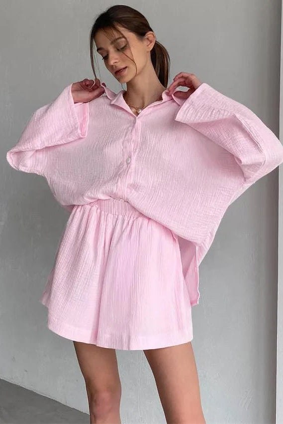 SOERA Jenna Loose Long Sleeve & Shorts Set - Set - 1005005373930355-;tr1776125344192400493 Pink S