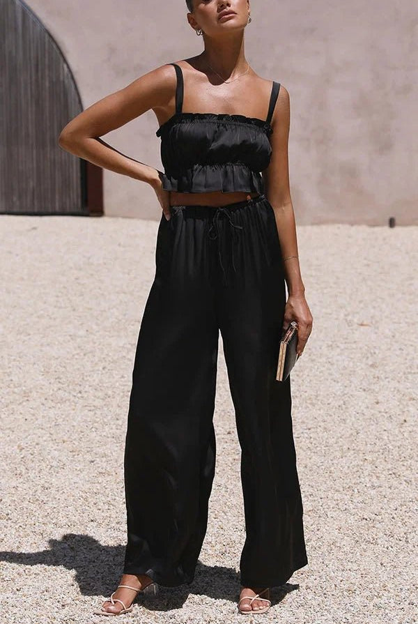 SOERA Julianne Ruffle Top Elastic Waist Pants Set - Set - JU1776125365231647646 Black M