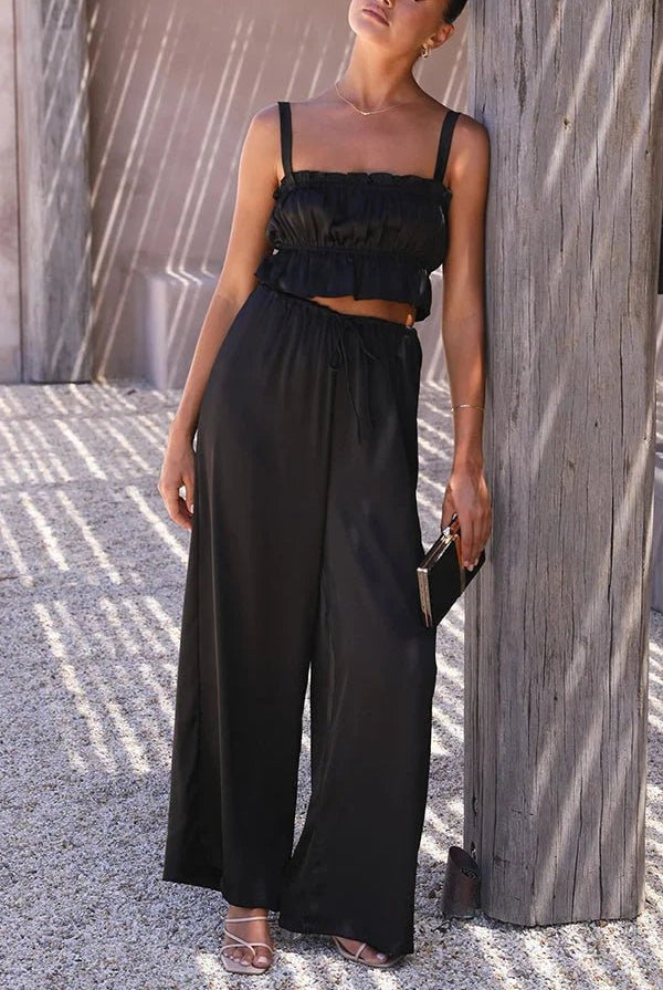 SOERA Julianne Ruffle Top Elastic Waist Pants Set - Set - Rj1776125365231051488 Black S
