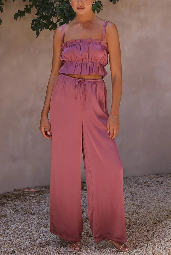 SOERA Julianne Ruffle Top Elastic Waist Pants Set - Set - tj1776125365231389724 Dusty Rose S