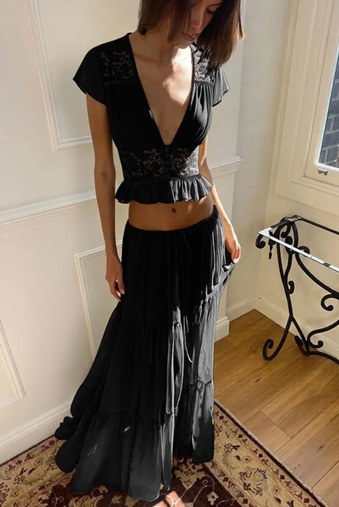 SOERA Morrigan Lace Chiffon Top & Skirt Set - Set - Black XS