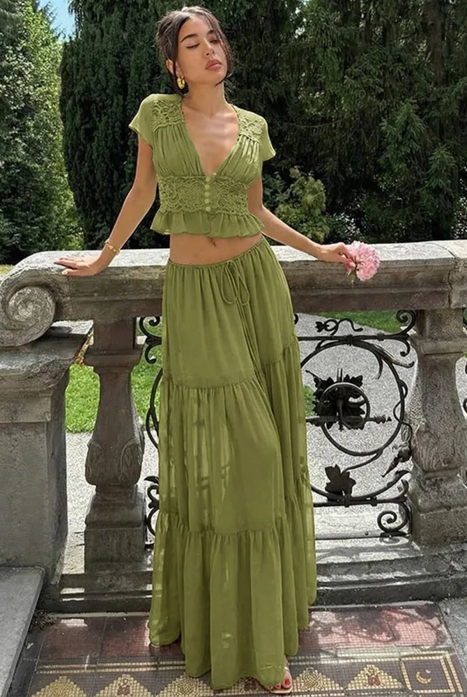 SOERA Morrigan Lace Chiffon Top & Skirt Set - Set - Green L