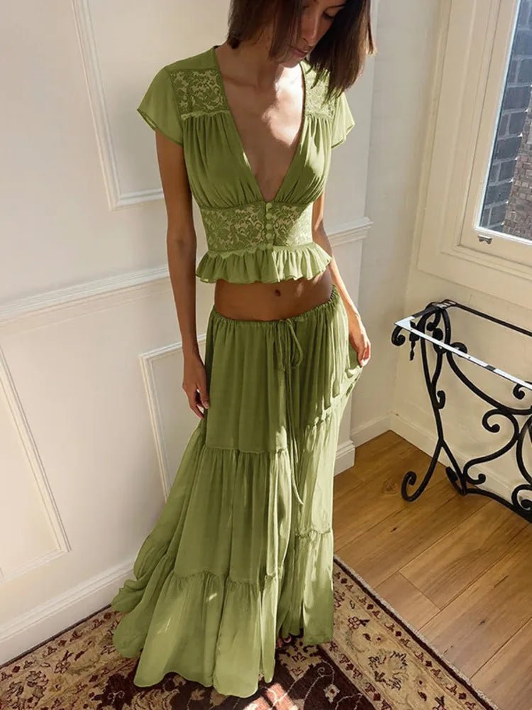 SOERA Morrigan Lace Chiffon Top & Skirt Set - Set - Green S