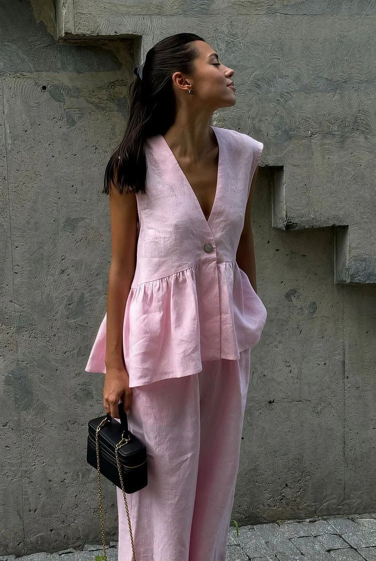 SOERA Sydney Ruffled Vest & Pants Set - Set - 1005008498710435-;KR1776125342950421820 Pink S