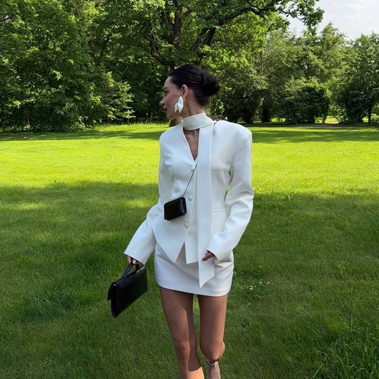 SOERA Lexie Cinched Waist Blazer Skirt Set - Sets - 1005011529196695-;Vc1775063642935915371 White L