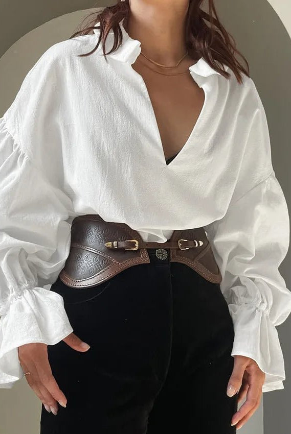 SOERA Vivian V - Neck Puff Long Sleeve Blouse - Shirts - 1005011795904064-;Pf1776154513968637042 S