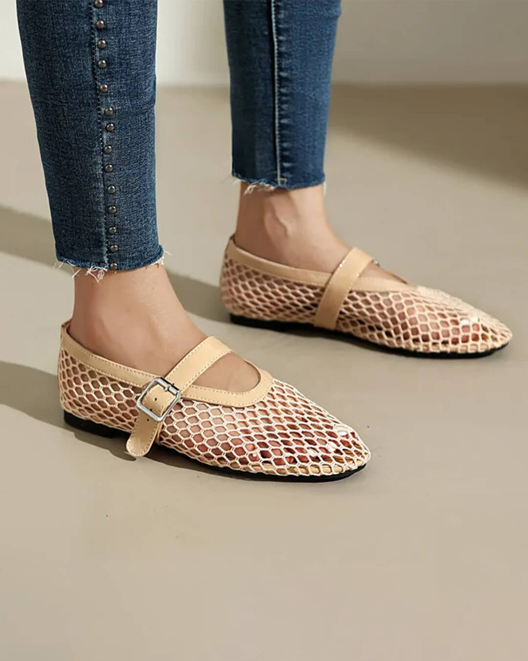SOERA Bianca Buckled Mesh Ballet Flats - Shoes - Beige 36