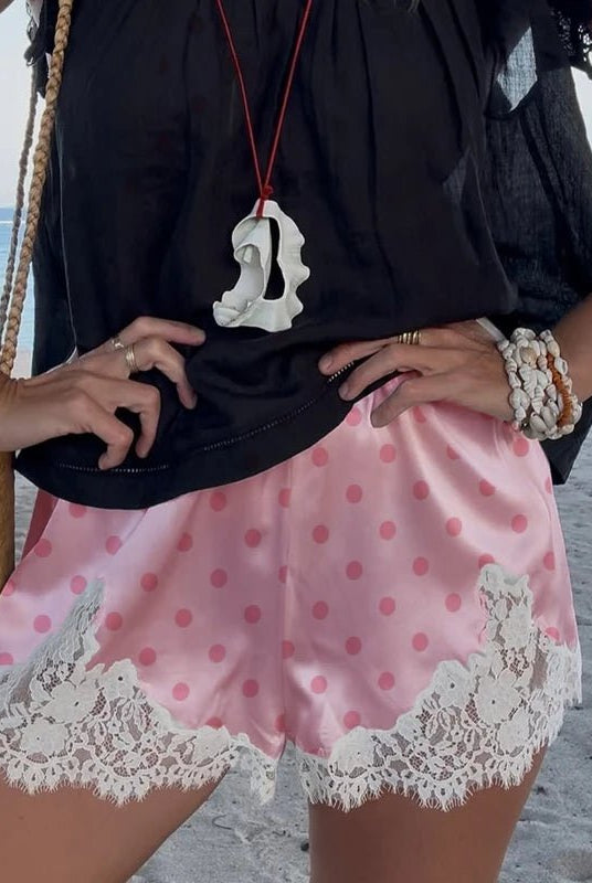 SOERA Margot Lace Trim Polka Dot Satin Shorts - Shorts - 1005010043707999-;Oc1773374042539093339 Pink S