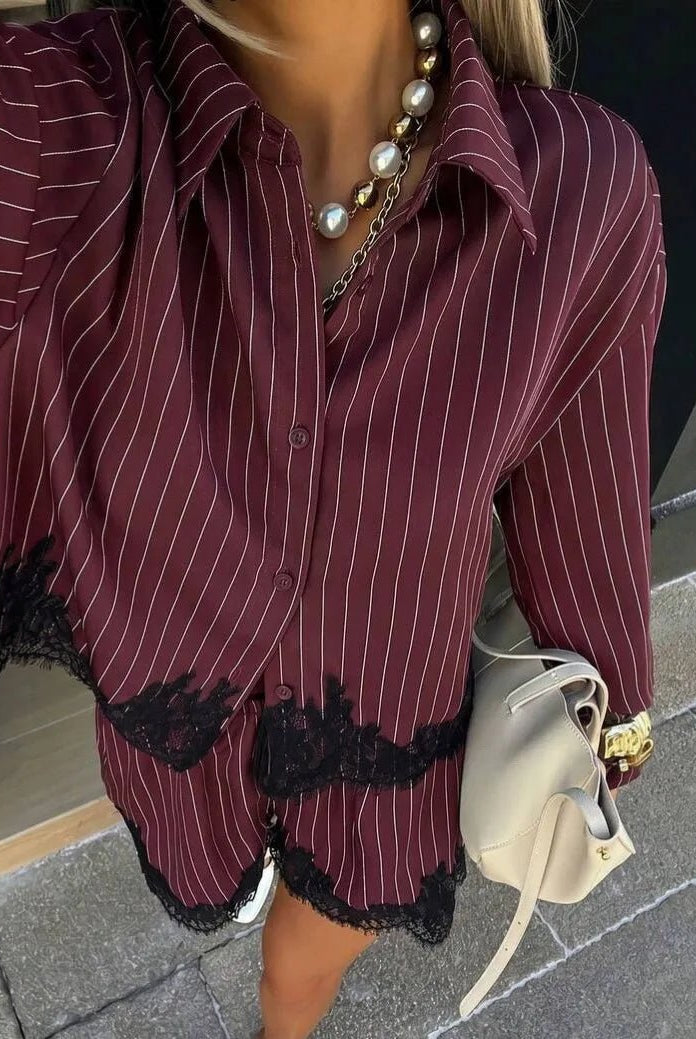 SOERA Margot Pinstripe Lace Trim Hem Shorts Set - Shorts Set - SOERA-034499-DEF-OS-64359 Burgundy S
