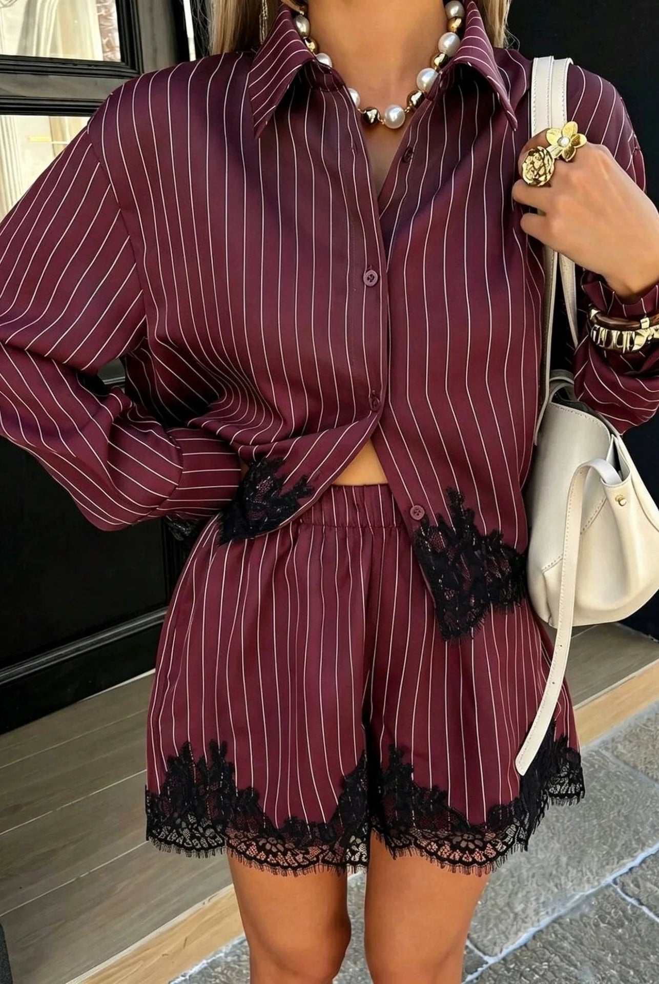 SOERA Margot Pinstripe Lace Trim Hem Shorts Set - Shorts Set - SOERA-034499-DEF-OS-64360 Burgundy M