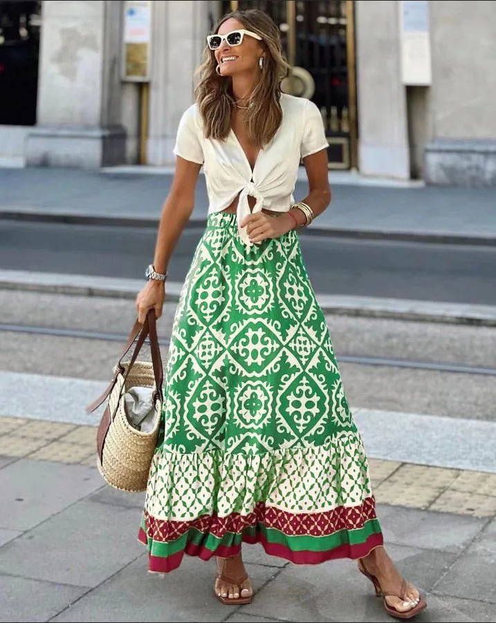 SOERA Zara Boho Printed Midi Swing Skirt - Skirts - Olive S