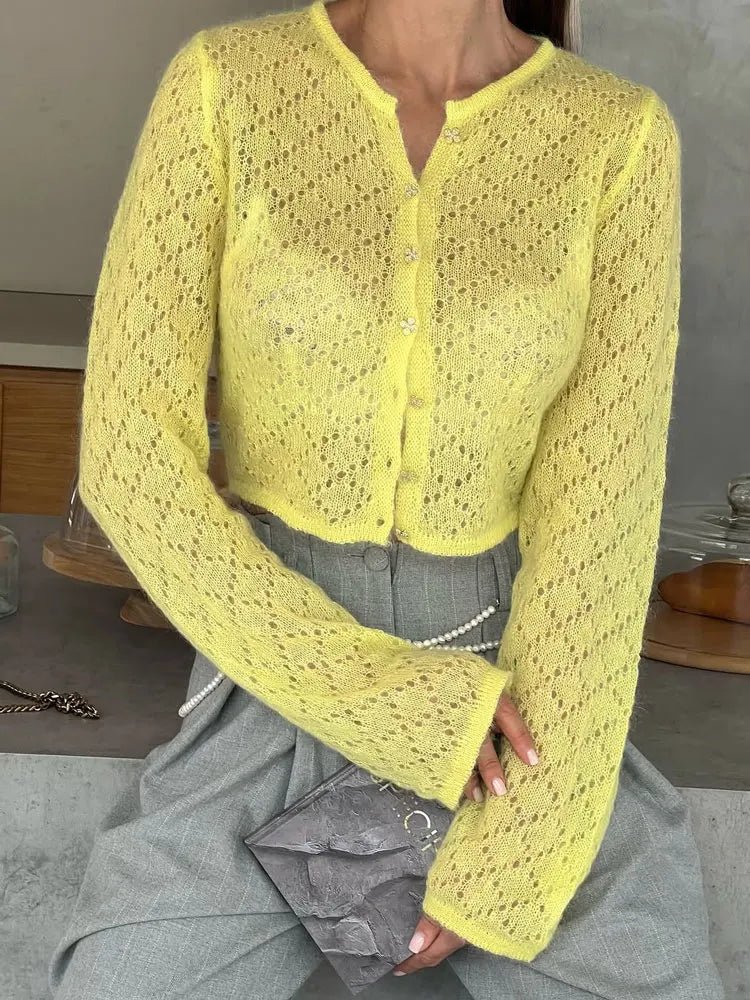SOERA Jennifer Hollow Cropped Cardigan - Sweaters & Cardigans - Gp1774532669741631354 Yellow L