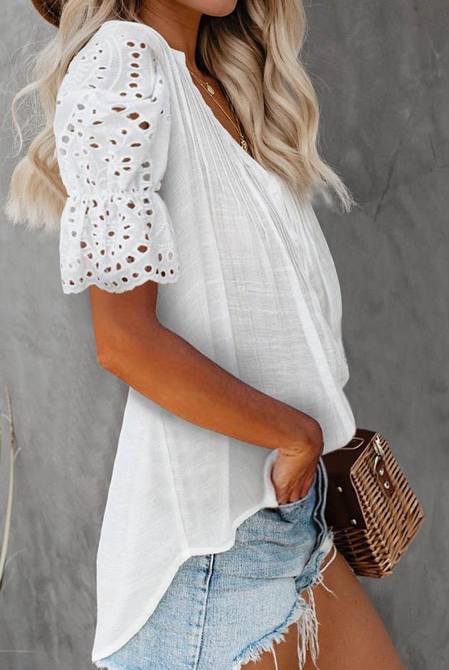 SOERA Beatrice V - Neck Lace Sleeve Top - Top - White M