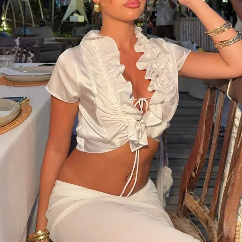 SOERA Bianca Ruffled Lace-Up Cropped Tank - Top - White S