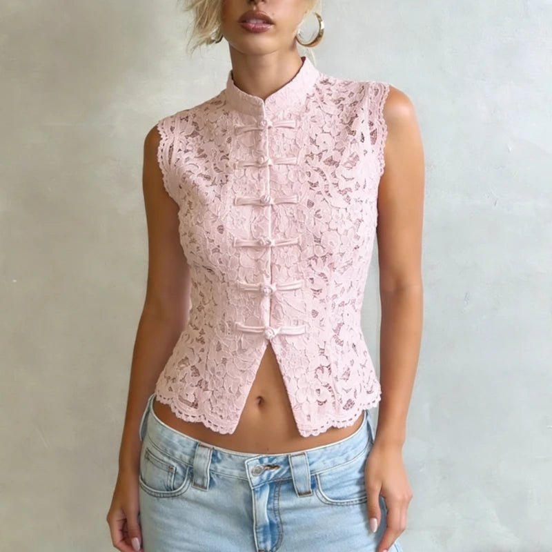 SOERA Beatrix Sheer Lace Mandarin Collar Blouse - Tops - White S