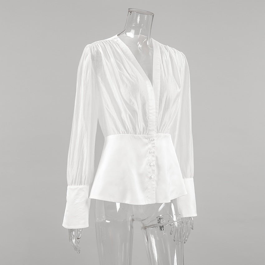 SOERA Elisa Deep Neck Sheer Button Blouse - Tops - gF1770344797580301449 M