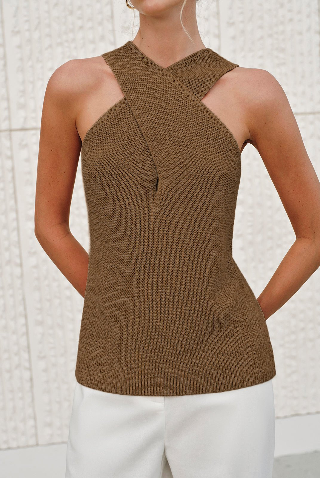 SOERA Ginny Halter Cross - Over Collar Tank Top - Tops - Brown XS