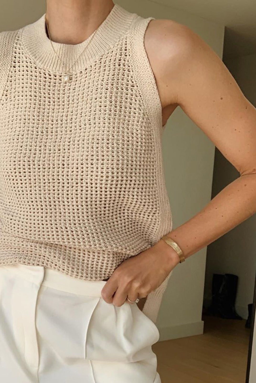 SOERA Jamilla Hollow Knit Tank Top - Tops - Beige S