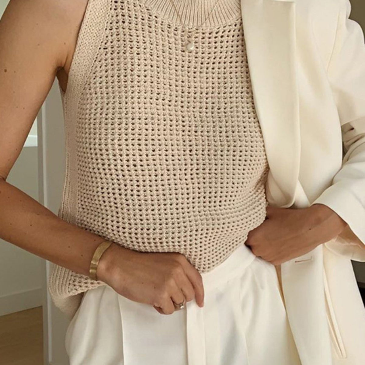 SOERA Jamilla Hollow Knit Tank Top - Tops - Beige XS