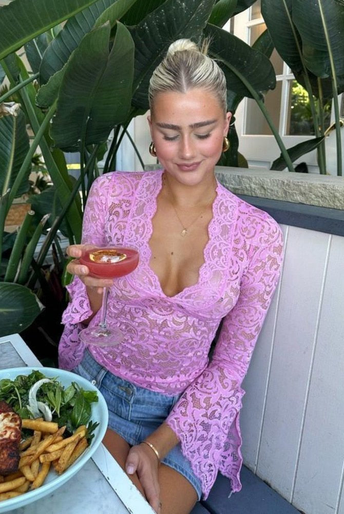 SOERA Lerna V-Neck Lace Top - Tops - SOERA-403203-PIN-L-86339 Pink L