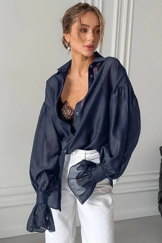 SOERA Patricia Long Sleeve Sheer Blouse - Tops - 1005008870305553-;iJ1772045931453352094 Blue M