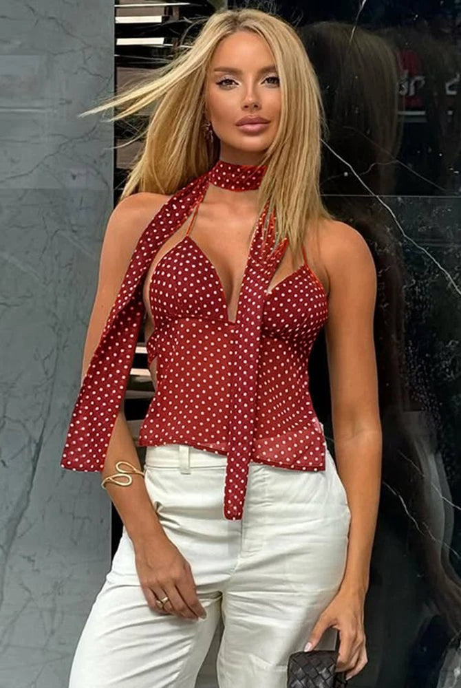 SOERA Ruffa Polka Dot Backless Cami Top - Tops - Red XS