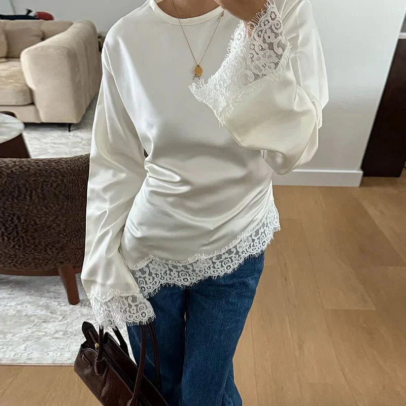SOERA Serena Lace Satin Long Sleeve Top - Tops - White M