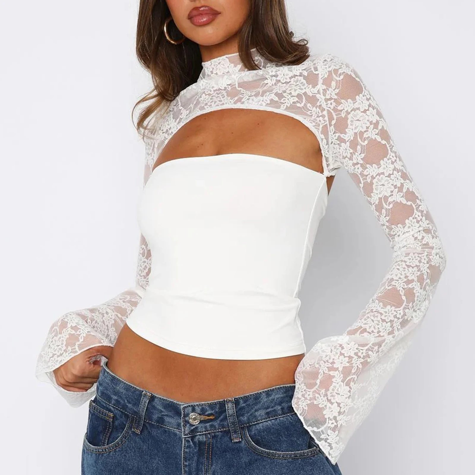 SOERA Sophia Lace Patchwork Long Sleeve Top - Tops - White M