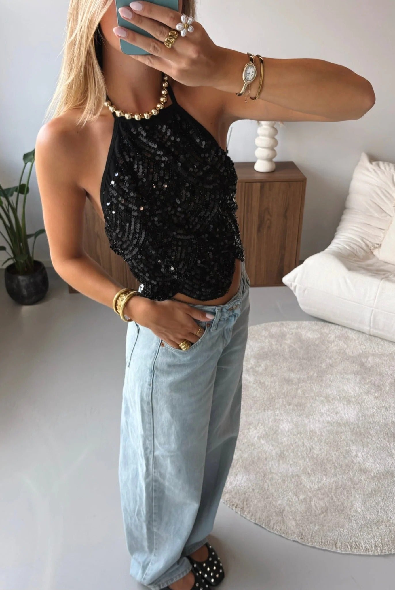 SOERA Sophia Sequin Halter Top - Tops - SOERA-695491-S-BLACK-30979 Black S