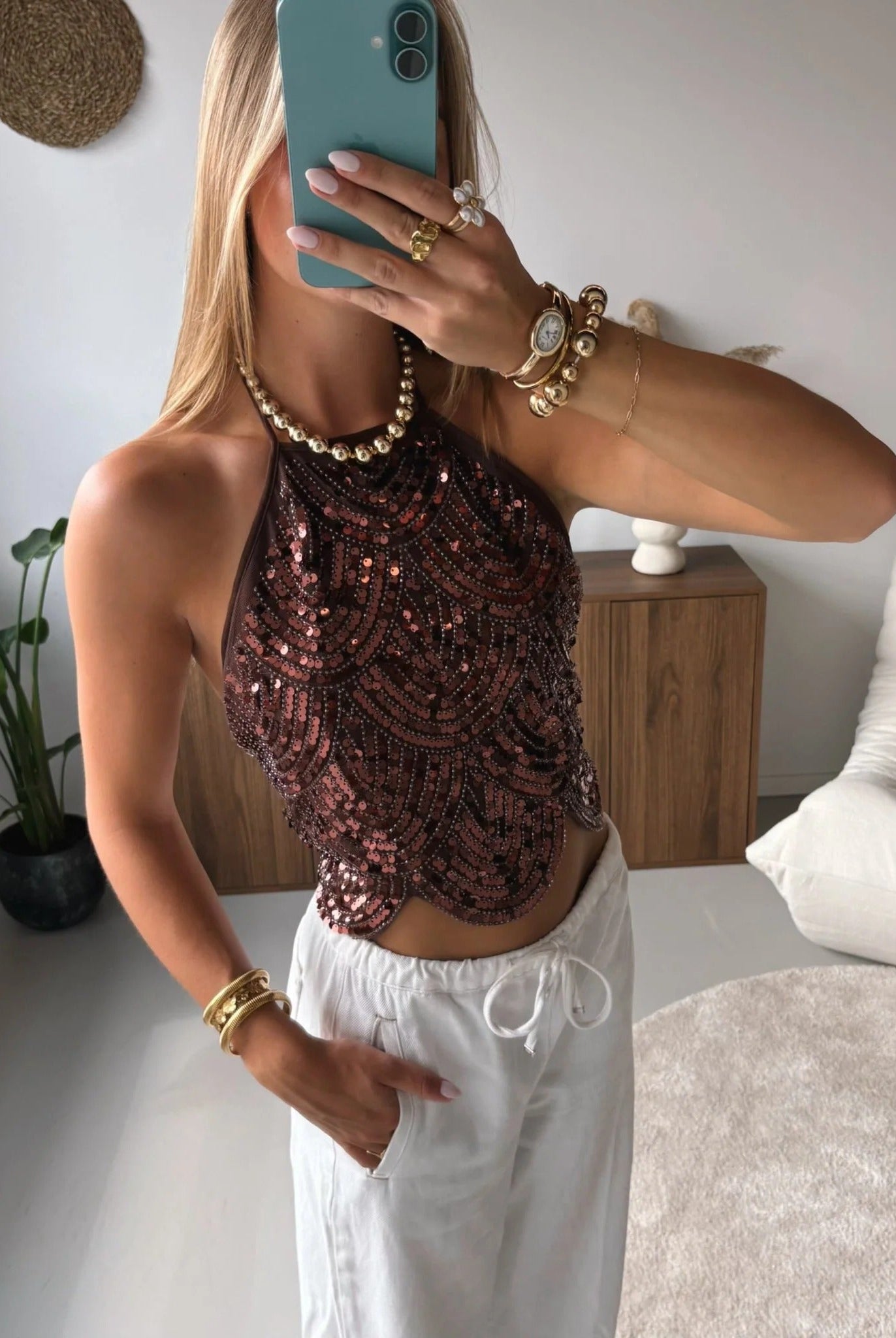 SOERA Sophia Sequin Halter Top - Tops - SOERA-695491-S-BRONZE-63747 Bronze S