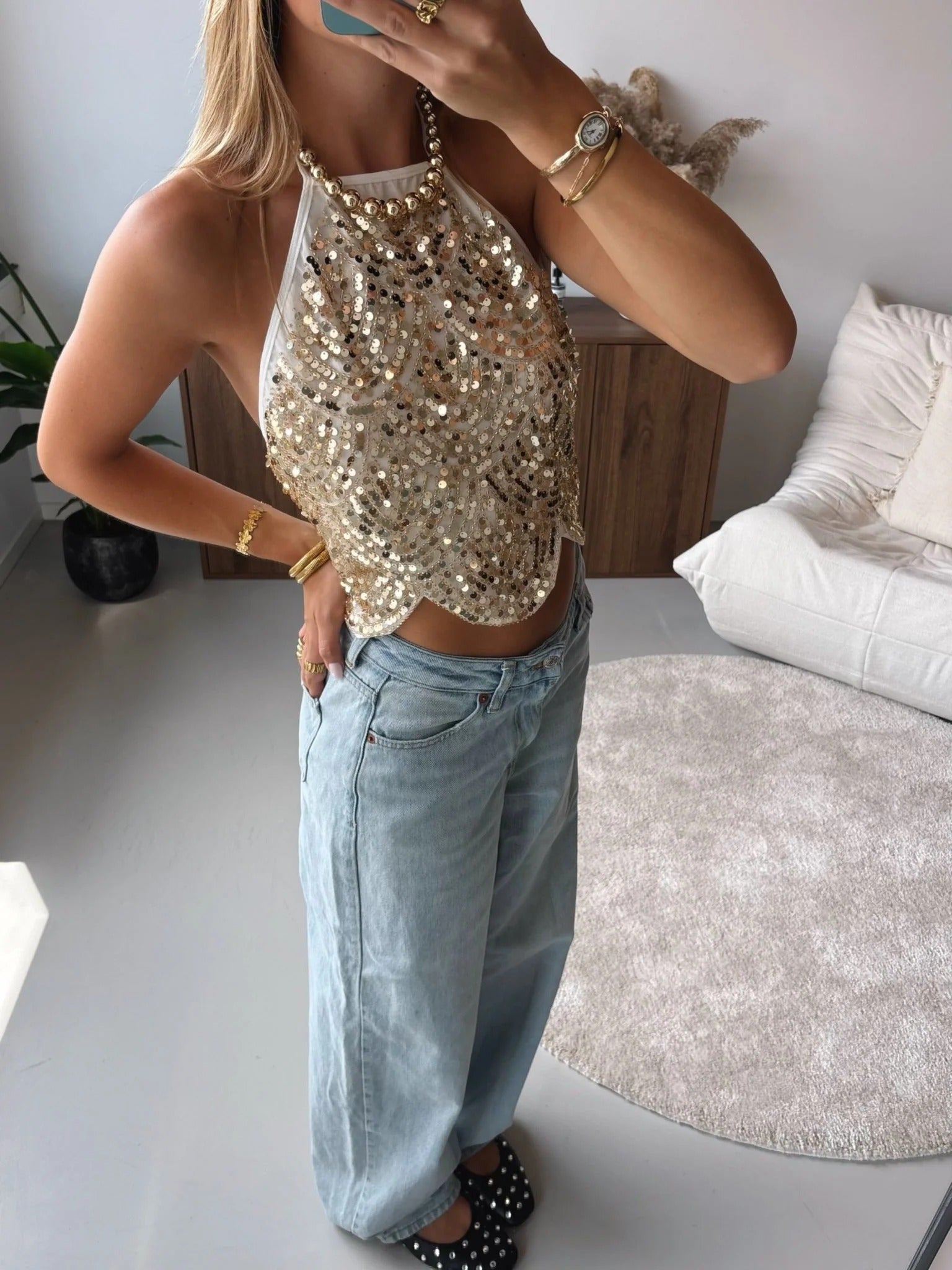 SOERA Sophia Sequin Halter Top - Tops - SOERA-695491-S-GOLD-98211 Gold S