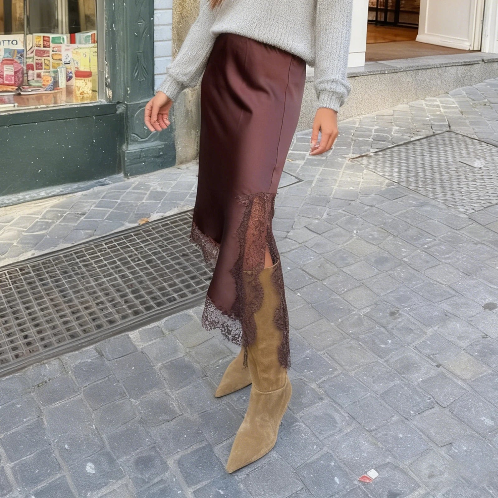 SOERA Dalila Side Slit Lace Trim Midi Skirt - Women's Skirts - 1005010443594848-;Cb1775118415197877751 As photo shows S